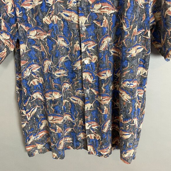 Vintage Hawaiian Shirt Giant Fish Men Scene Short Sleeve Unique Print Button-Up - Picture 5 of 12